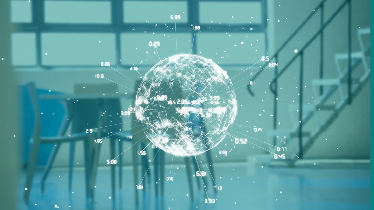 현대적인 사무실 인테리어에 대한 데이터 포인트 애니메이션을 가진 디지털 글로브