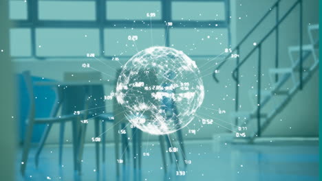globo digital con animación de puntos de datos sobre el interior de la oficina moderna