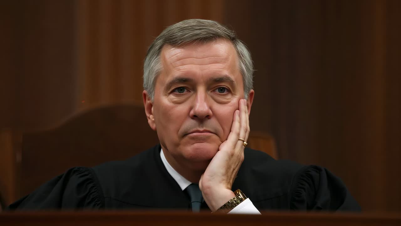 Listening judge in robe shifting hand touching cheek as hearing starts at court bench, watch, ring