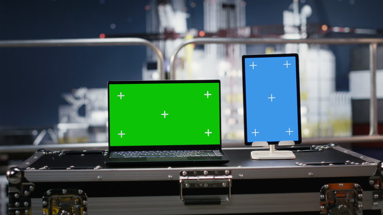Green screen and blue screen on laptop and tablet on offshore oil rig