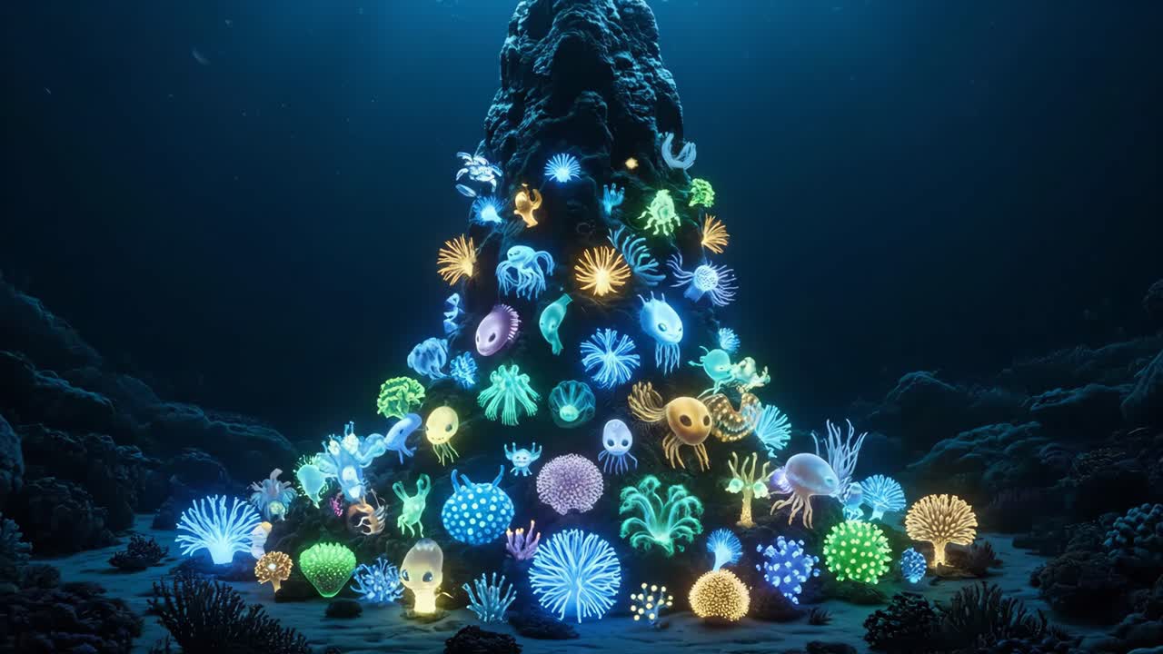 Bioluminescent Marine Life on a Coral Reef