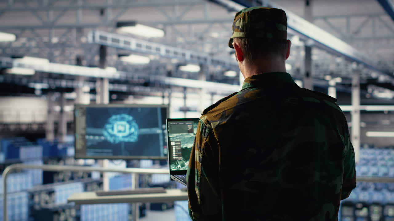 Military Data Center Expert Using Ballistic Missiles Radar On Laptop