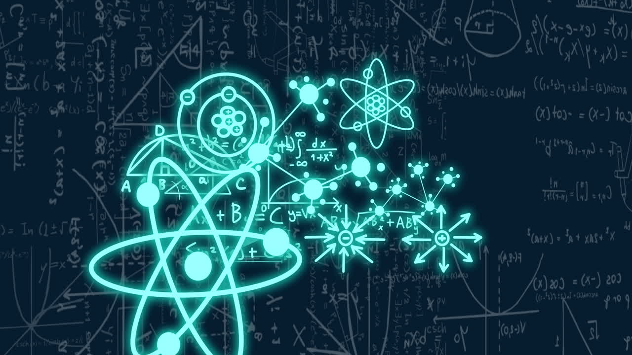 Animation of chemical formula and mathematical equations on black background