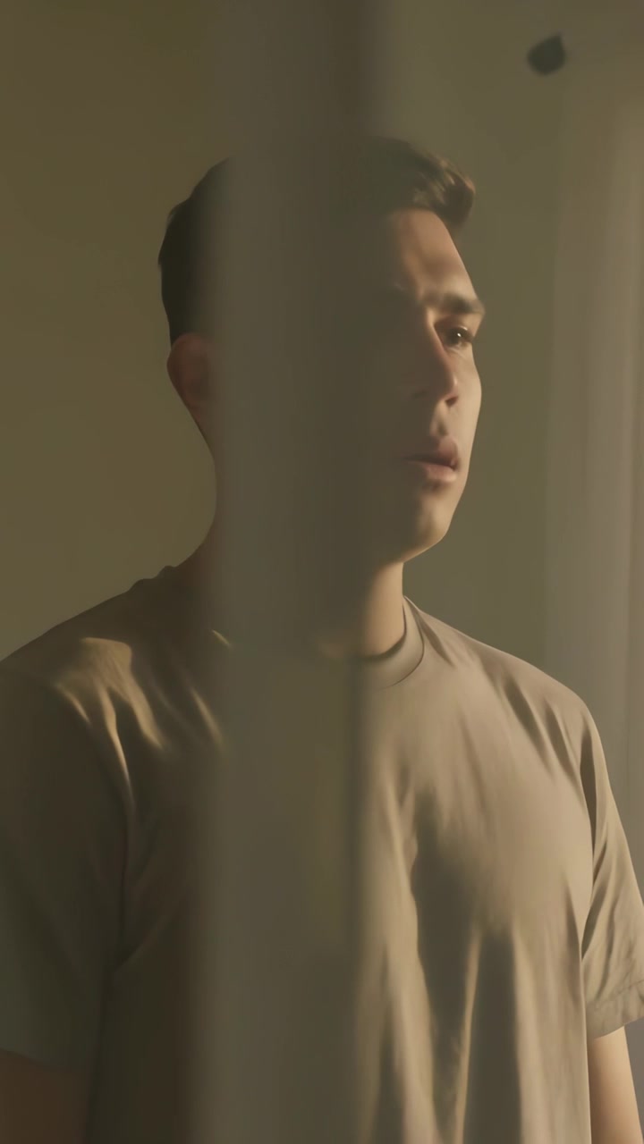 Vertical video: Reacting to knock, man wearing crew-neck tee turning head in bedroom, sheer curtain