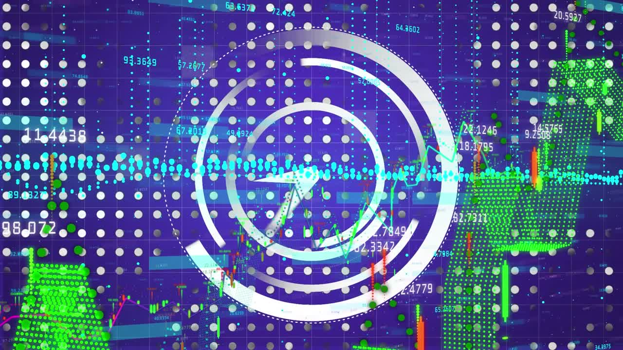 Animation of violet digital screen with graphs and clock