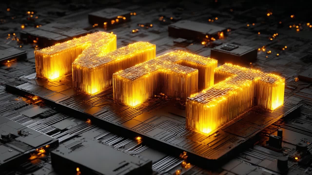 Un'esposizione abbagliante di testo illuminato color oro su un circuito stampato, che mette in mostra tecnologia futuristica e design artistico in un panorama digitale