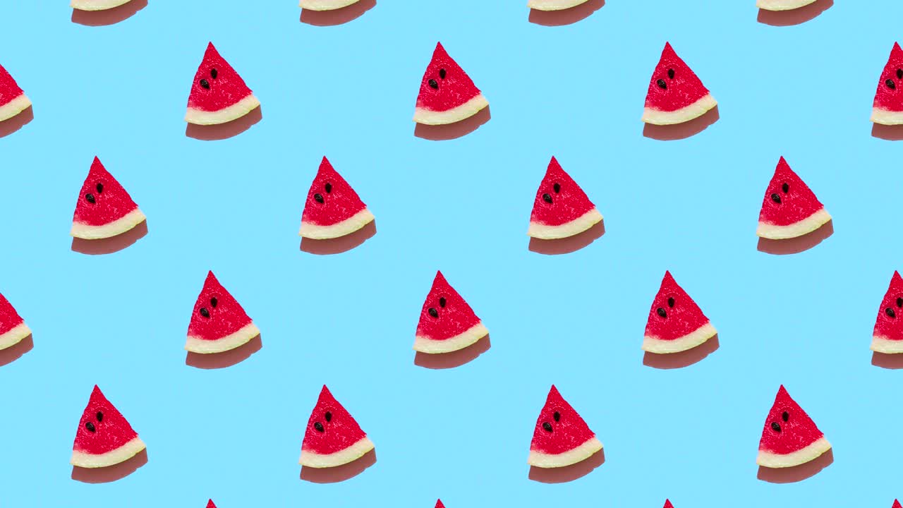 seamless looping animation of pattern with fresh slices of watermelon on a blue background, hard shadows of the sun. minimal concept of travel and vacation