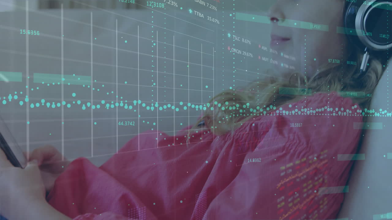 анимация графиков, торговые доски, белая женщина слушает музыку и использует сотовый телефон