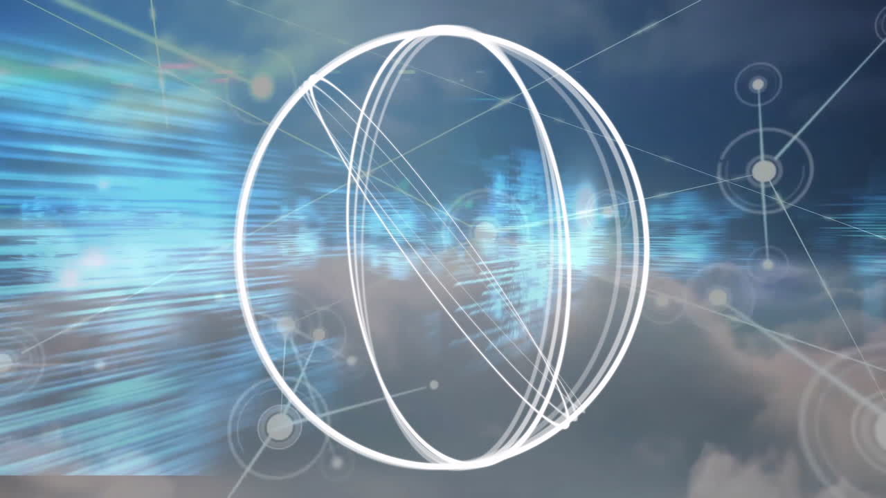 Processing data, digital network connections animate over abstract technology background