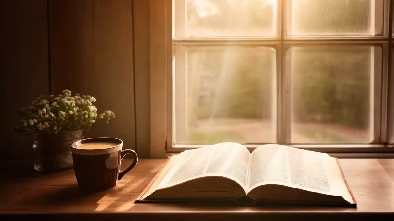 Warm, cozy video scene of an open book and coffee cup on a wooden table by a sunlit window