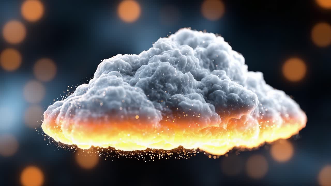 En æterisk skyformation oplyst af en glødende aura af lys, der skaber en imponerende visuel kontrast i en drømmelignende atmosfære af svævende partikler.