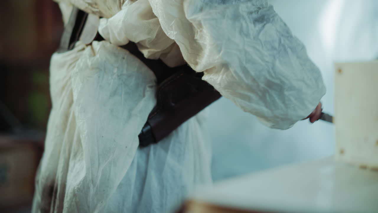 Close up of person in protective suit with handgun secured in holster, gripping kitchen knife with tense posture, evoking danger, survival, and preparedness in harsh environment under threat