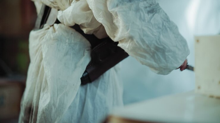 Primo piano di persona in tuta protettiva con pistola nella fondina, che stringe un coltello da cucina con postura tesa, evocando pericolo, sopravvivenza e preparazione in un ambiente ostile sotto minaccia