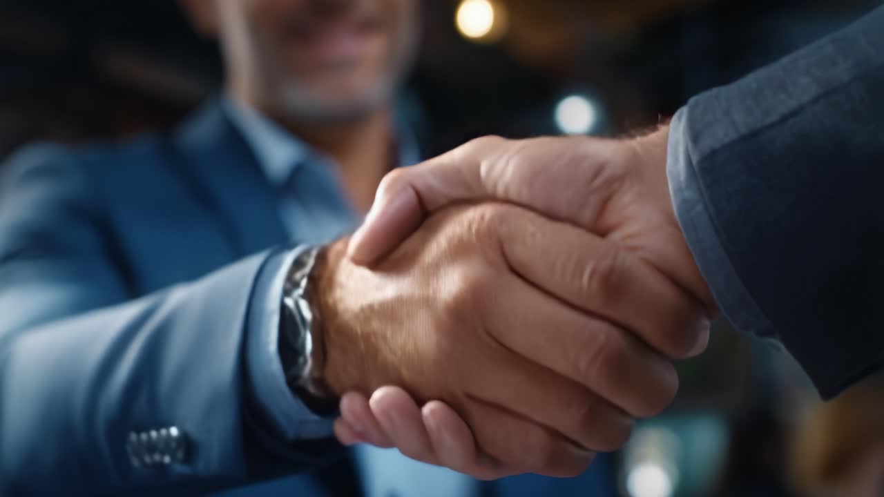A Professional Handshake Symbolizing Agreement and Collaboration Between Two Individuals in a Corporate Environment with Depth of Field Focus
