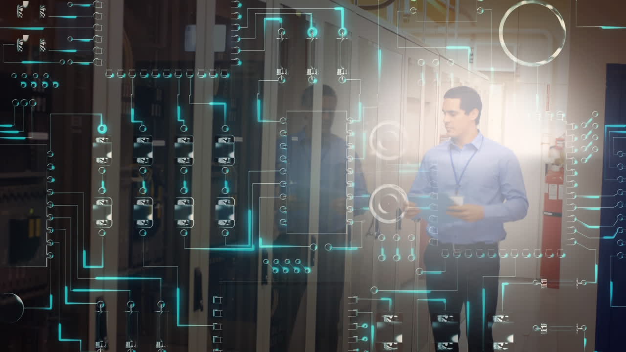 hombre entrando en una sala de servidores de computadora mientras la placa base brillante se mueve en primer plano