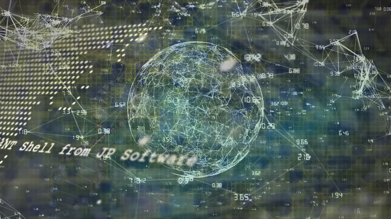 Animation of world map and data processing over globe of network of connections
