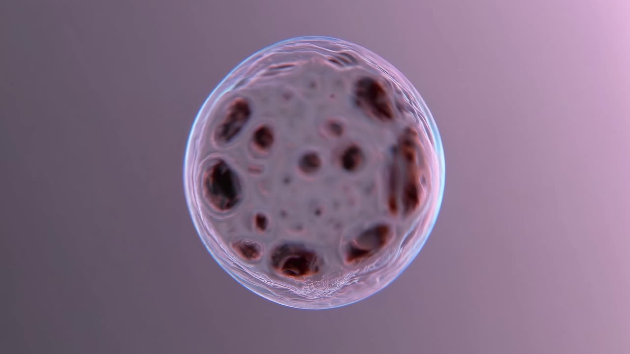 Close-up video of a single cell with a transparent membrane and dark spots, captured from a top-down