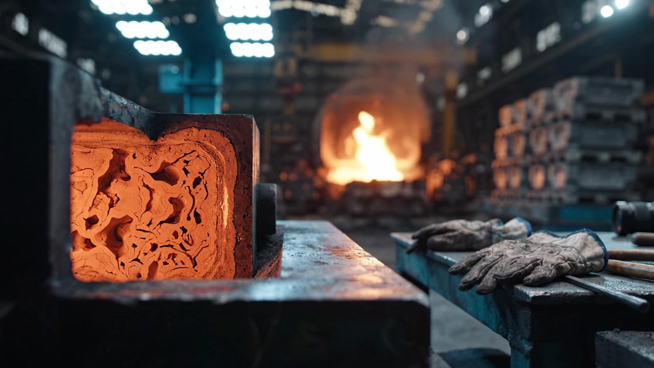 Metal Casting Process in an Industrial Foundry: Heat and Precision in Action Captured in Two Key Frames Showcasing the Dynamics of High-Temperature Manufacturing