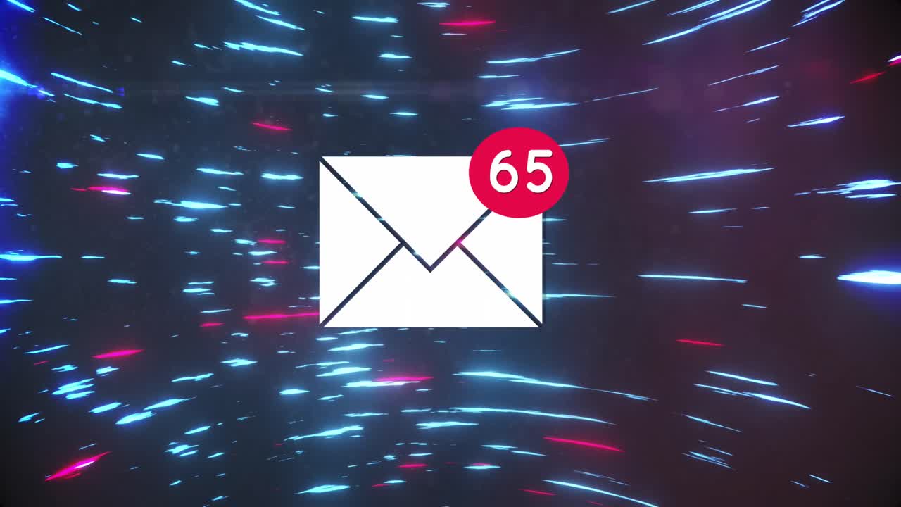 Animazione di icona e-mail dei social media e elaborazione dati su luci