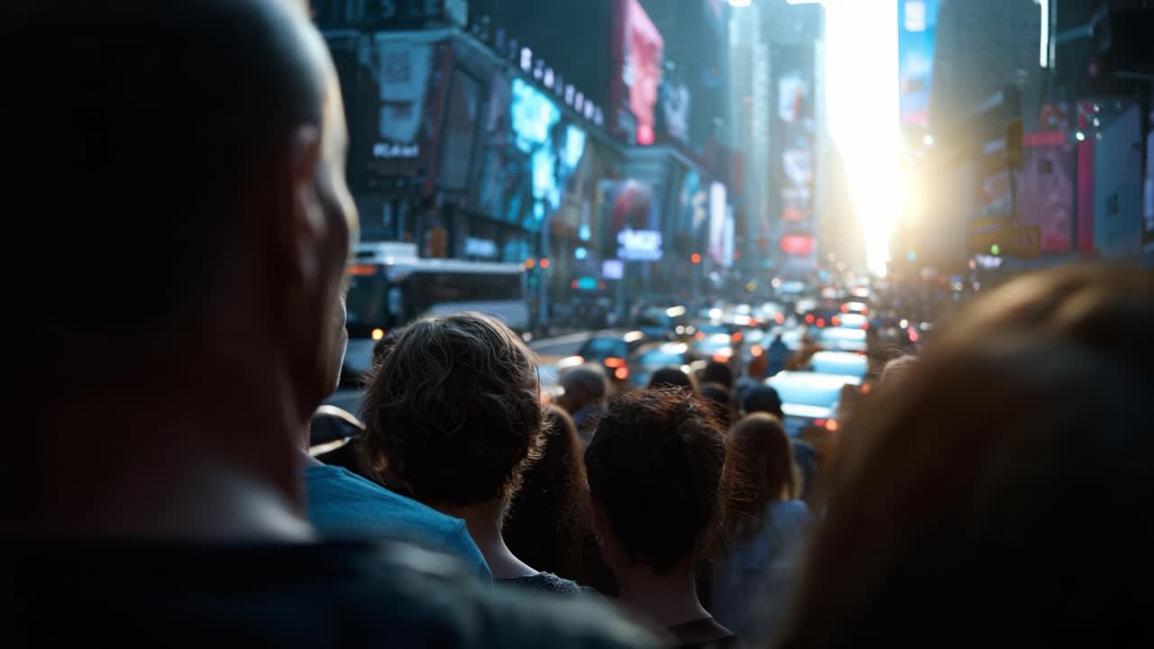 Crowd Watching the Sunset in a Bustling Urban Environment with Bright Billboards and Heavy Traffic Illuminating a Vibrant Cityscape at Dusk