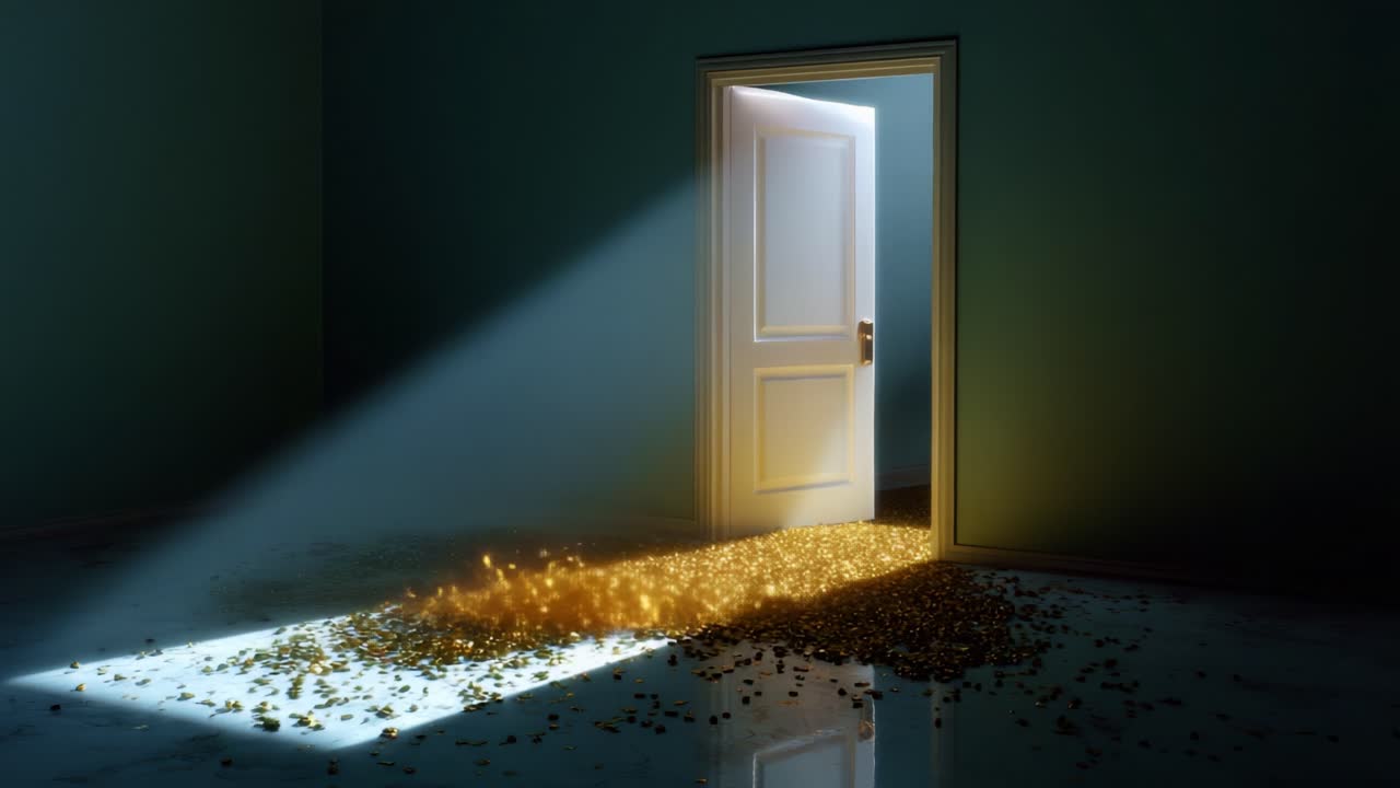 A Doorway to Abundance: An Enchanted Realm Awaits Beyond the Narrow Opening with Glittering Light Pouring In and a Cascade of Golden Particles Flowing on the Floor, Symbolizing Opportunity and Reward