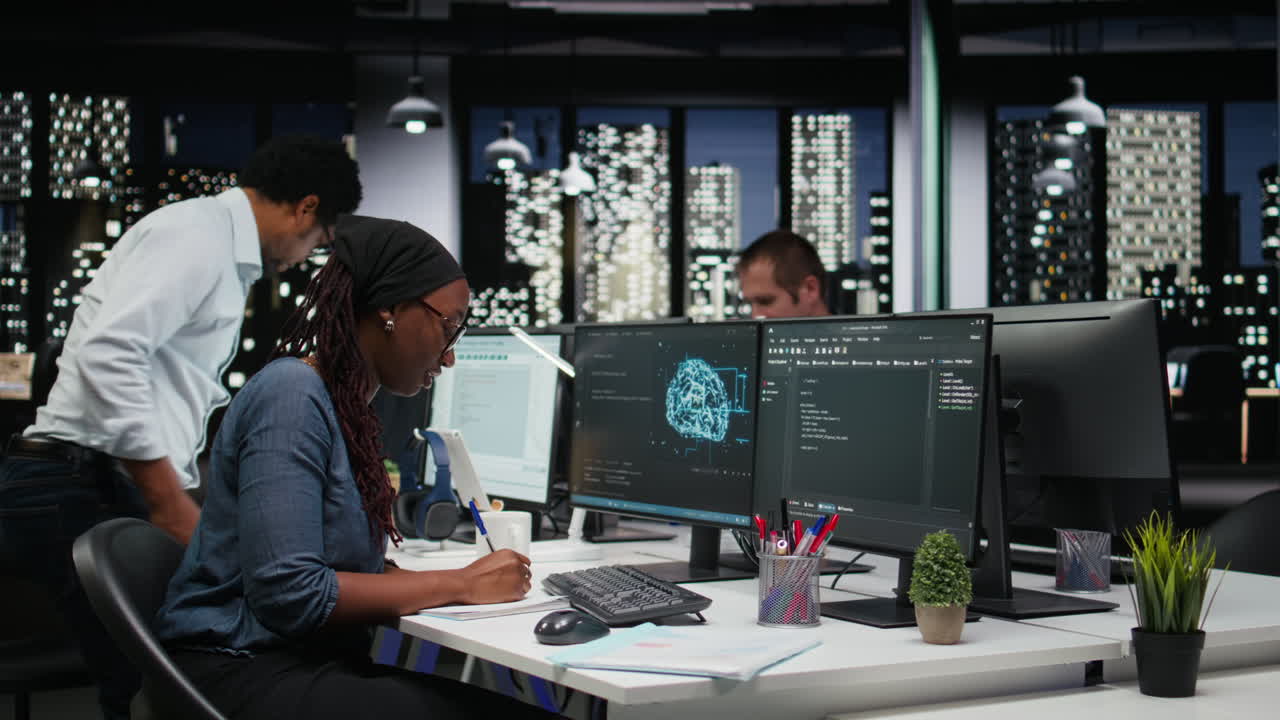 African American Woman Developer Working on Computers in Modern Office at Night