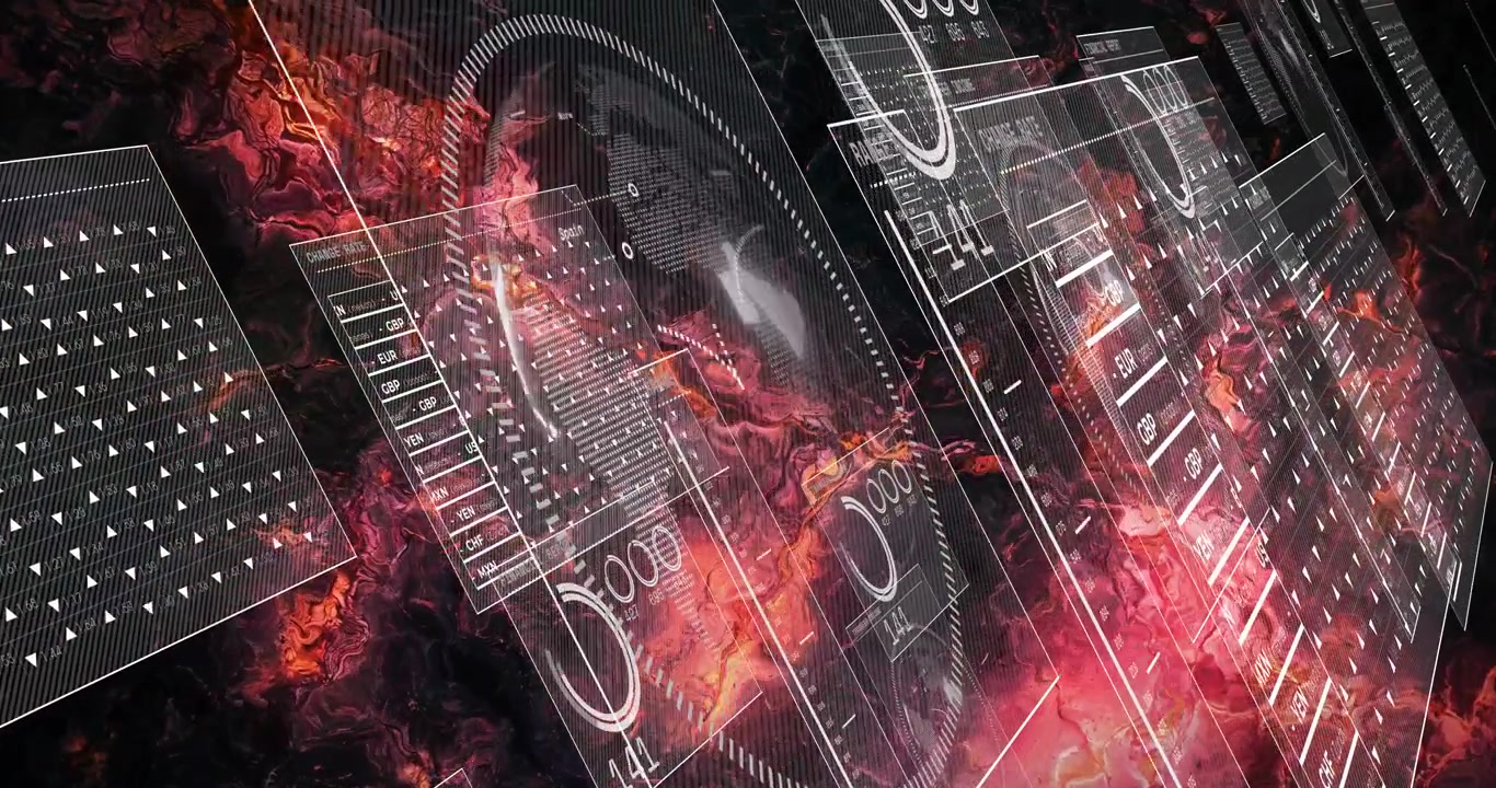Grid panels sliding left and gauge emerging right, overlays pulsing for visualizing currency data