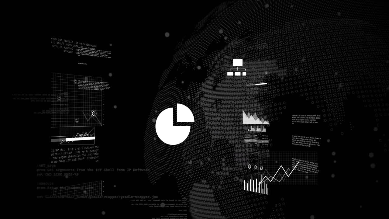 Digital dashboard displaying grid overlay and animating line, bar and pie charts with world map