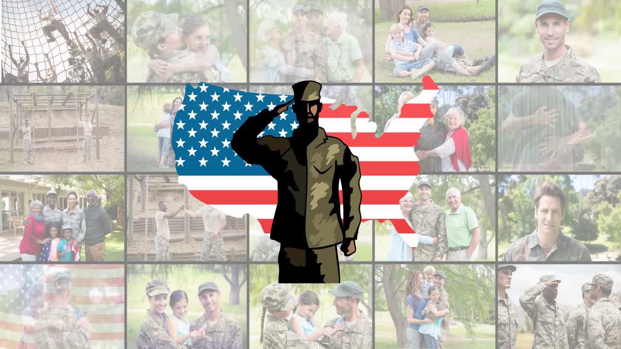 Animation of soldier silhouette and flag of usa over diverse male and female soldiers with families