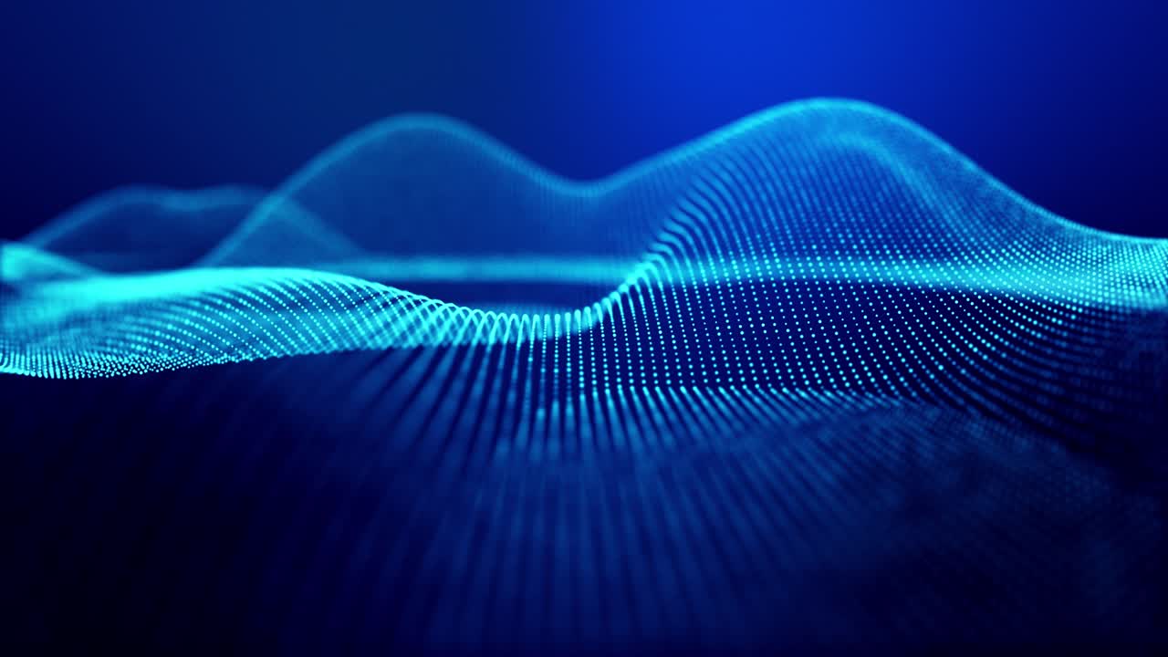 4k looped abstract background of glow particles form lines, surfaces as futuristic landscape in cyberspace or hologram. Sci-fi theme of microworld, nanotechnology or cosmic space. Blue 6