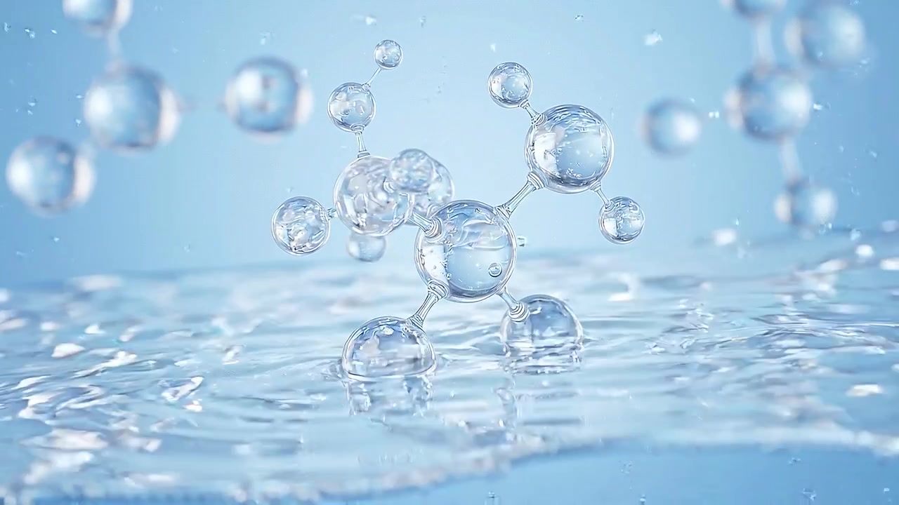3D Animation einer Molekularstruktur, die sich in Wasser auflöst