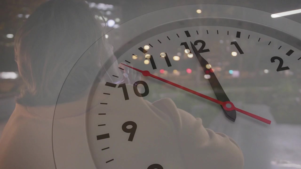 Clock overlay moving, commuter checking phone and fixing hair, leaning railing waiting transport