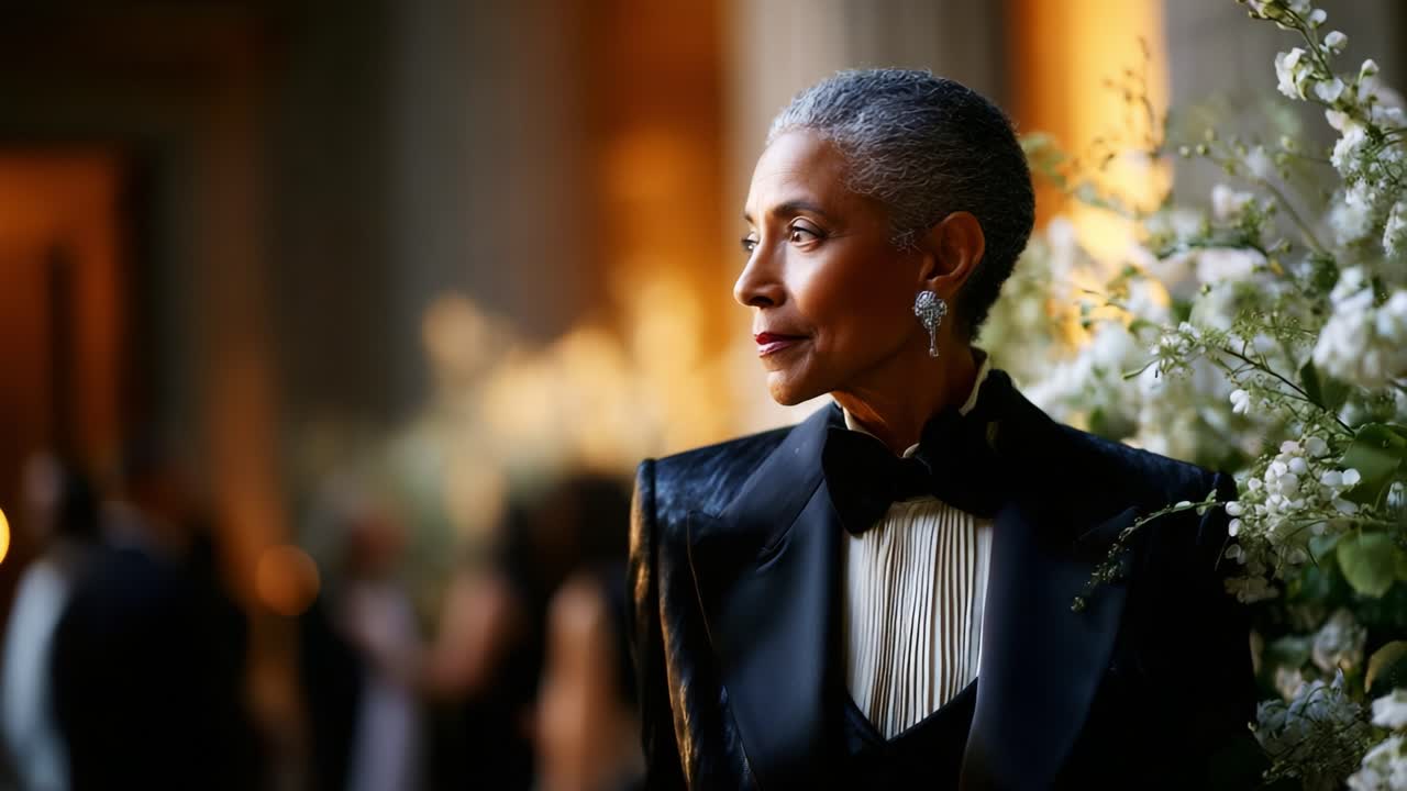 An Elegant Individual Exuding Confidence and Sophistication at a Formal Gathering, Captured in Two Striking Frames with Floral Background and Radiant Lighting