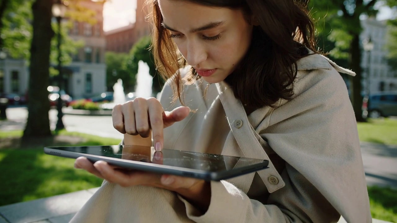 Donna appoggiata, con cappotto color cammello, che usa il tablet su una panchina di un parco urbano, ispezionando i dettagli dello schermo