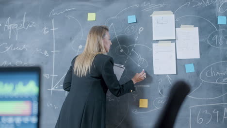 blonde woman writing with chalk on blackboard