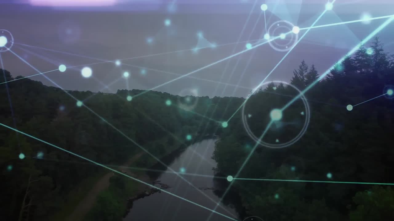 Animation of moving network of connections, over rural river landscape