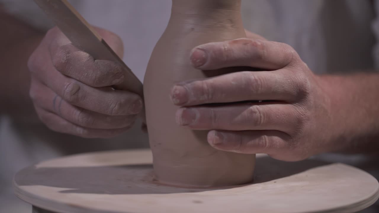 Potter's hands are making a clay jug using a wooden tool