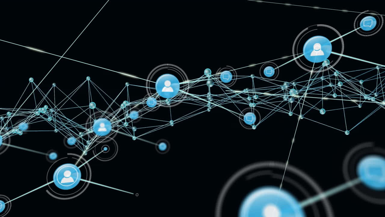 Animation of user icons forming network on dark background, creating web