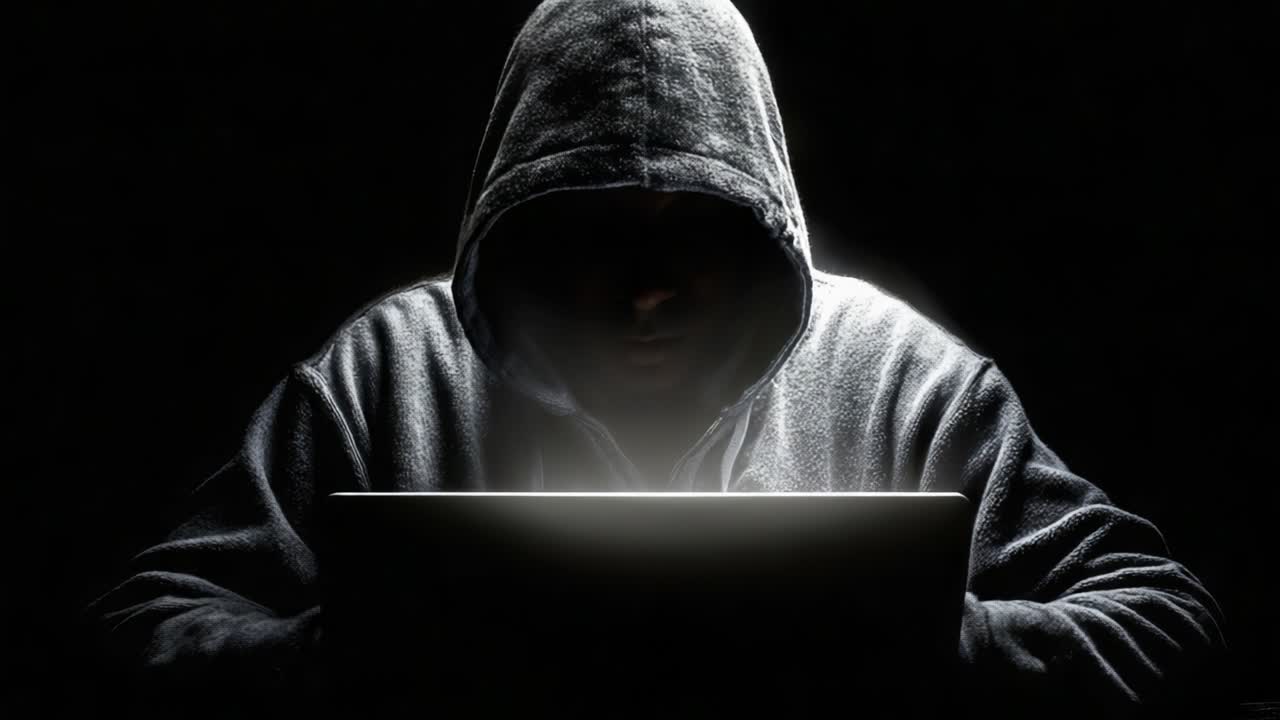 A Mysterious Hacker Enigmatically Engaged with a Laptop in a Dark Environment: Exploring the Shadows of Cyber Intrusion and Digital Anonymity