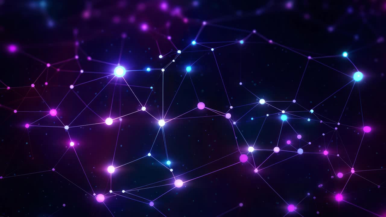 Abstract digital network with glowing nodes and lines, viewed from a top-down angle