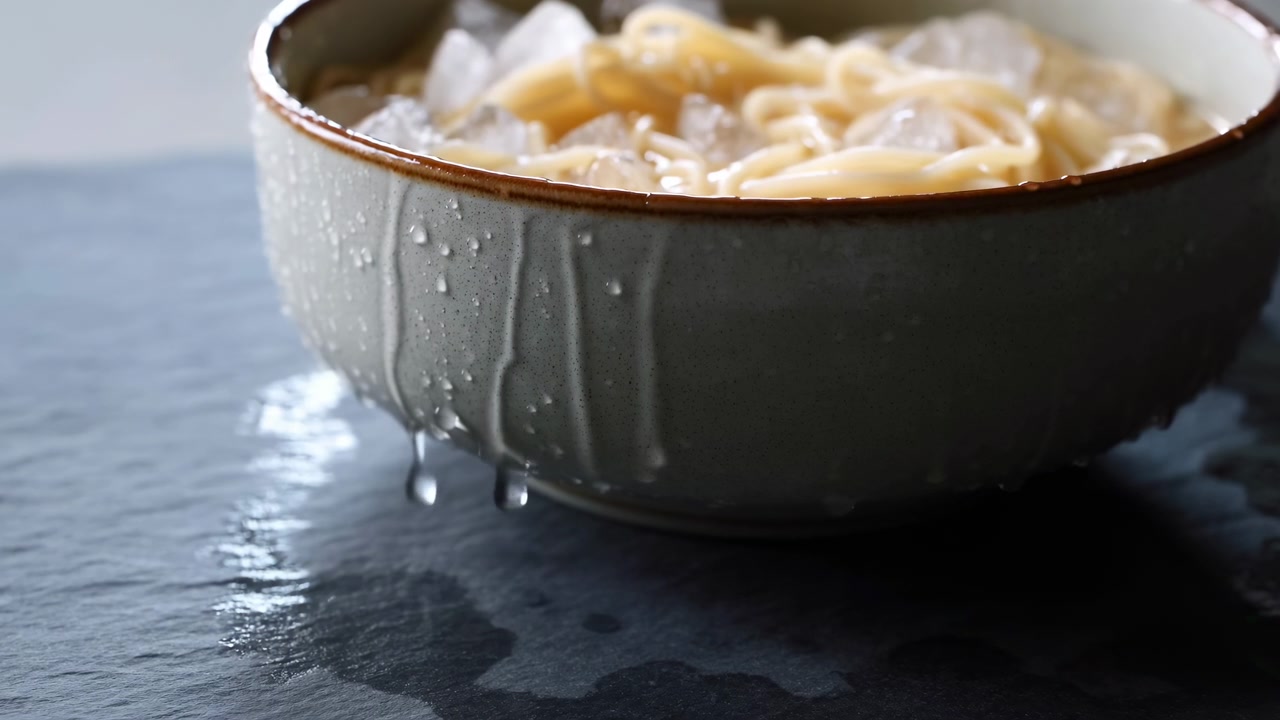 Low-angle close-up shows pale yellow noodles in speckled ceramic bowl with ice cubes, condensation, melting droplets, wet dark slate surface, soft reflections, and clean commercial food styling