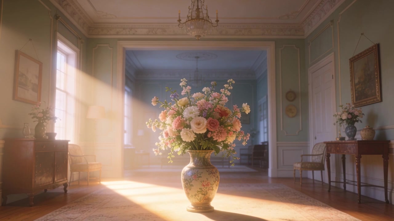 Vaso di ceramica con bouquet posizionato in salotto, con la luce solare che si sposta dalle alte finestre proiettando granelli di polvere.