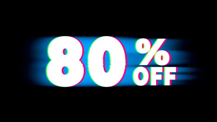 Testo Sconto 80% con promozione effetto glitch vintage