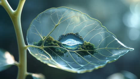 miniature landscape reflected in a water droplet on a transparent leaf