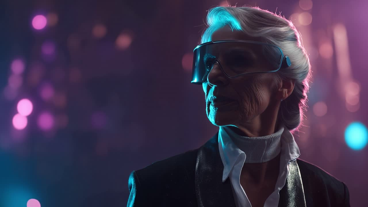 Elegant figure wears futuristic glasses with glowing lens. Blonde hair and sharp suit contrast with neon lights. Soft gaze suggests calm focus amidst digital dazzle