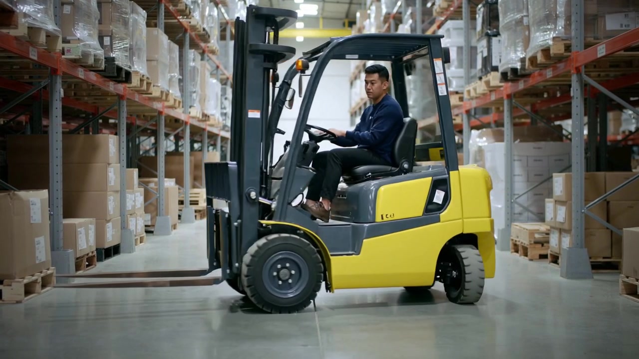 Entering yellow forklift driver in navy shirt steering down aisle, aligning forks to pick pallet