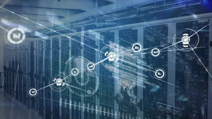 Animation of network of connections with icons and data processing over server room