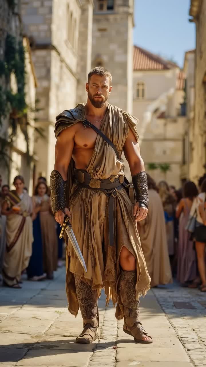 A man dressed as a roman soldier walking down a street