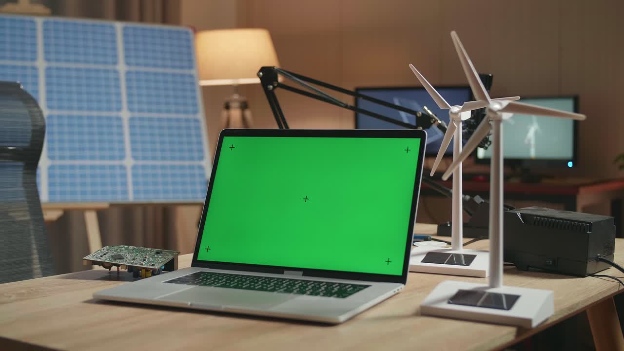 녹색 스크린 노트북과 풍력 터빈이 사무실의 태양전지  테이블에 있습니다.