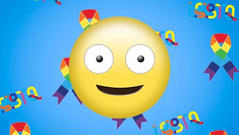Animation-of-smiley-face-on-blue-background-with-rainbow-ribbons